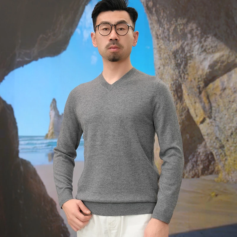 【100%羊毛】小V领男士休闲商务纯色羊毛衫长袖绵羊毛打底YM121