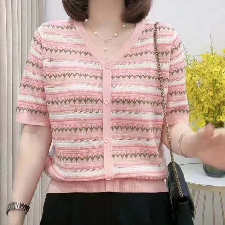 2025新款时尚洋气百搭显瘦夏季V领条纹小衫短袖针织衫T恤 996