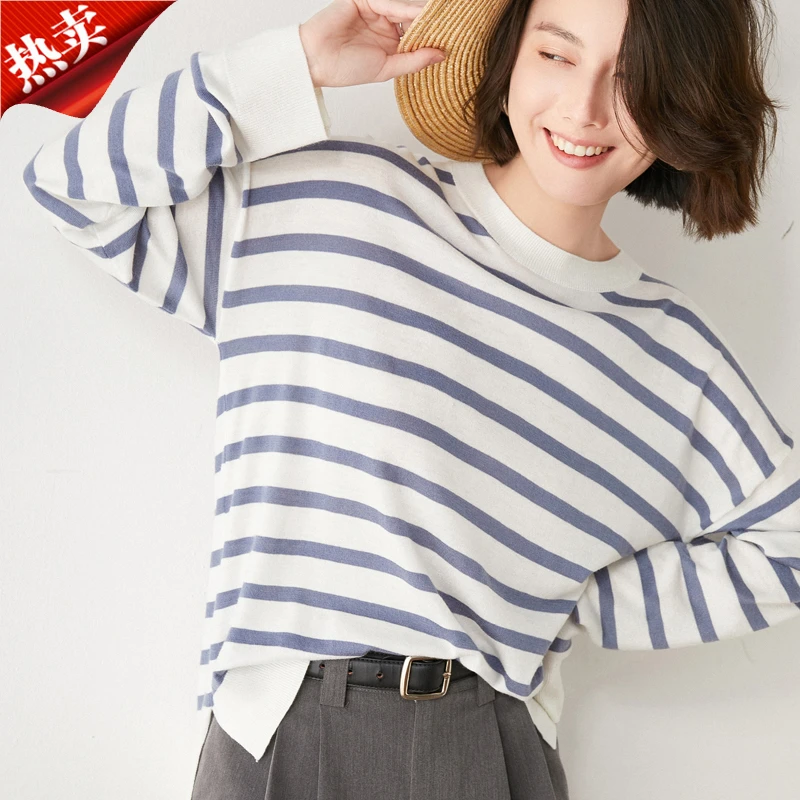 品牌2024新款圆领宽松条纹时尚气质轻奢优雅通勤日常简约针织衫女