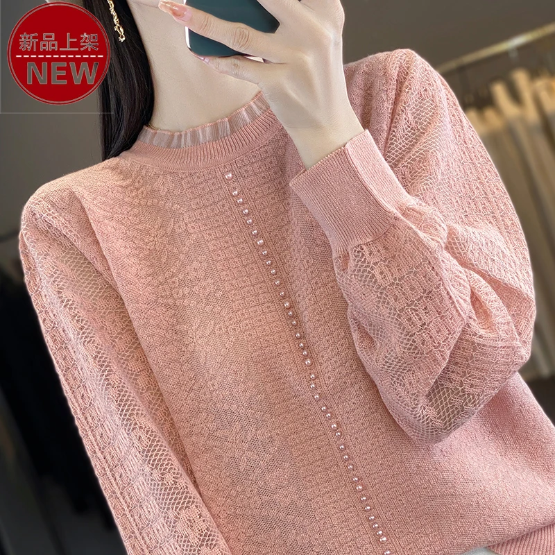 2025新款洋气时尚百搭镂空宽松半高领蕾丝套头休闲气质长袖针织衫