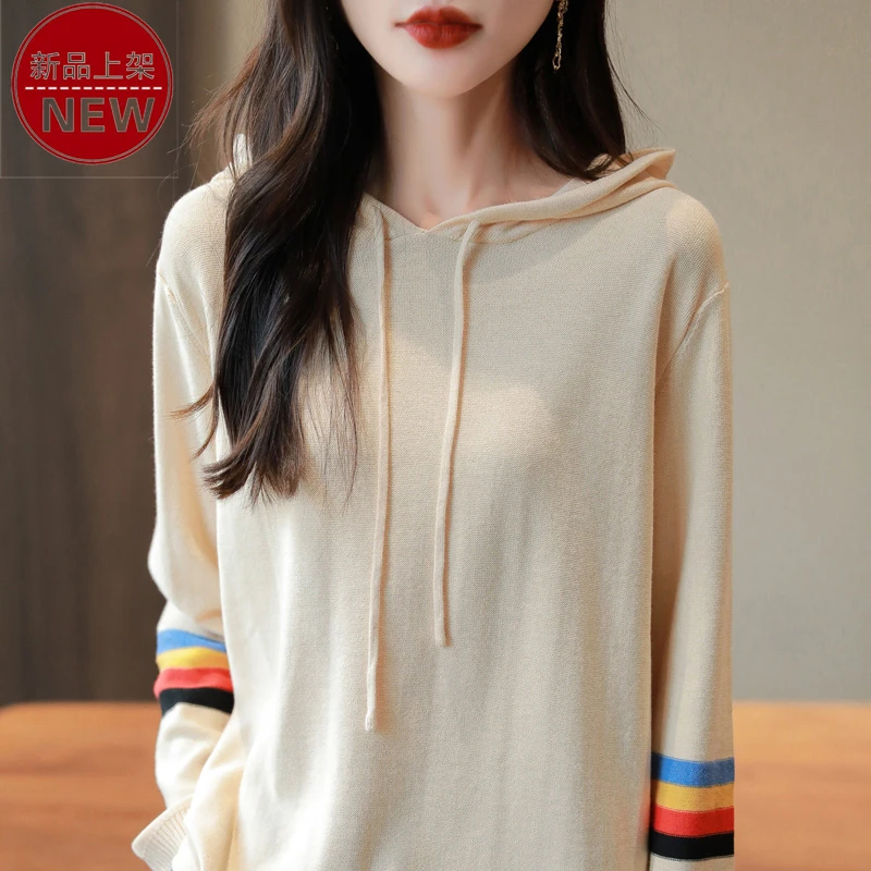 2024秋冬新款纯棉时尚慵懒风连帽宽松显瘦休闲气质百搭针织帽衫女