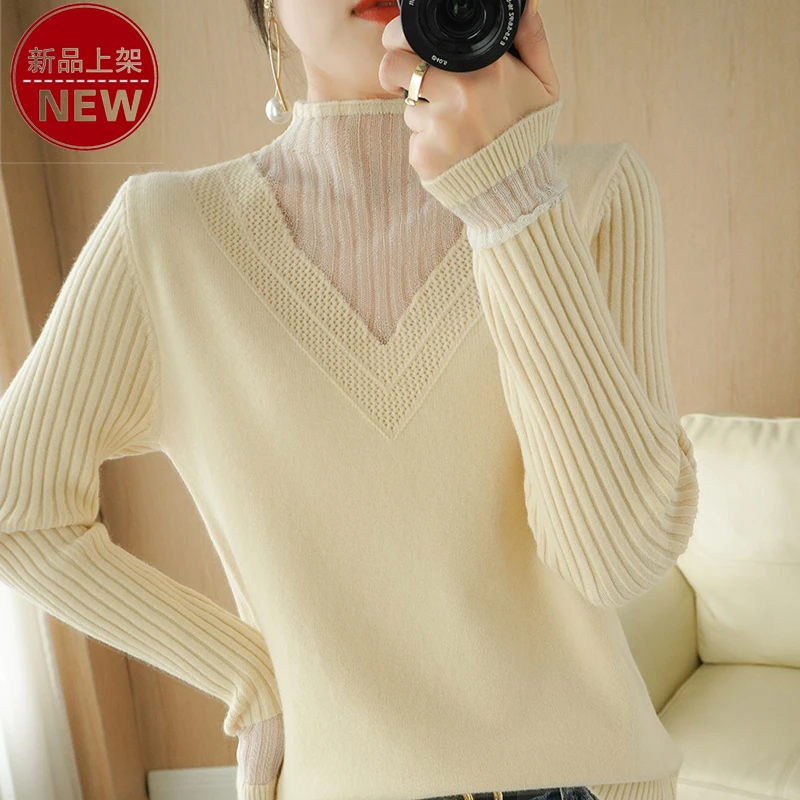 2024新款半高领蕾丝拼接V型镂空时尚打底纯色休闲气质百搭针织衫