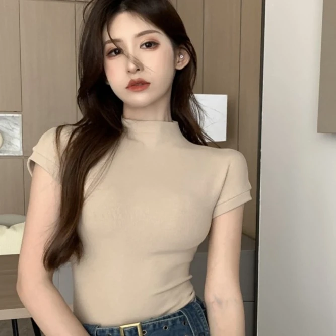 纯欲半高领T恤女夏装ins百搭纯色上衣辣妹紧身内搭短袖正肩打底衫