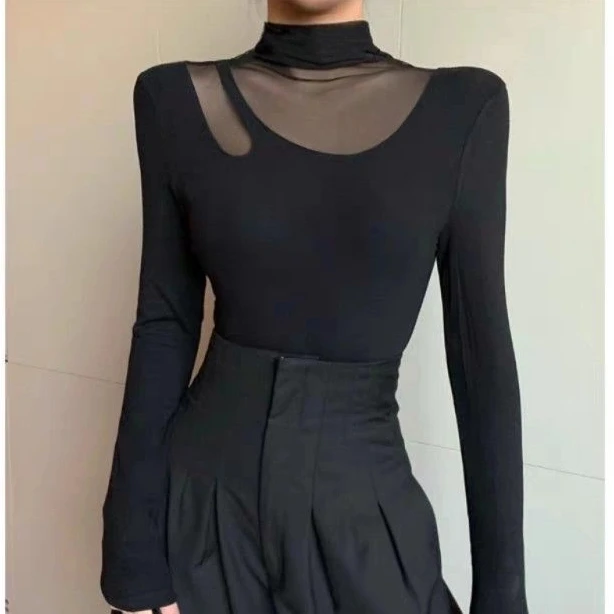 半高领黑色打底衫纯欲上衣女网纱春秋设计感小众别致长袖T恤33126