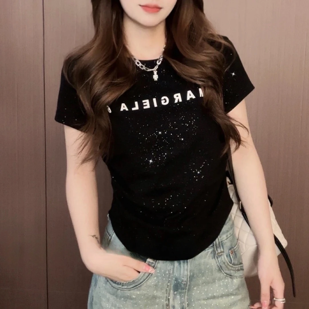 夏季新款女装设计感字母印花闪闪显瘦短袖t恤女时尚百搭气质上衣