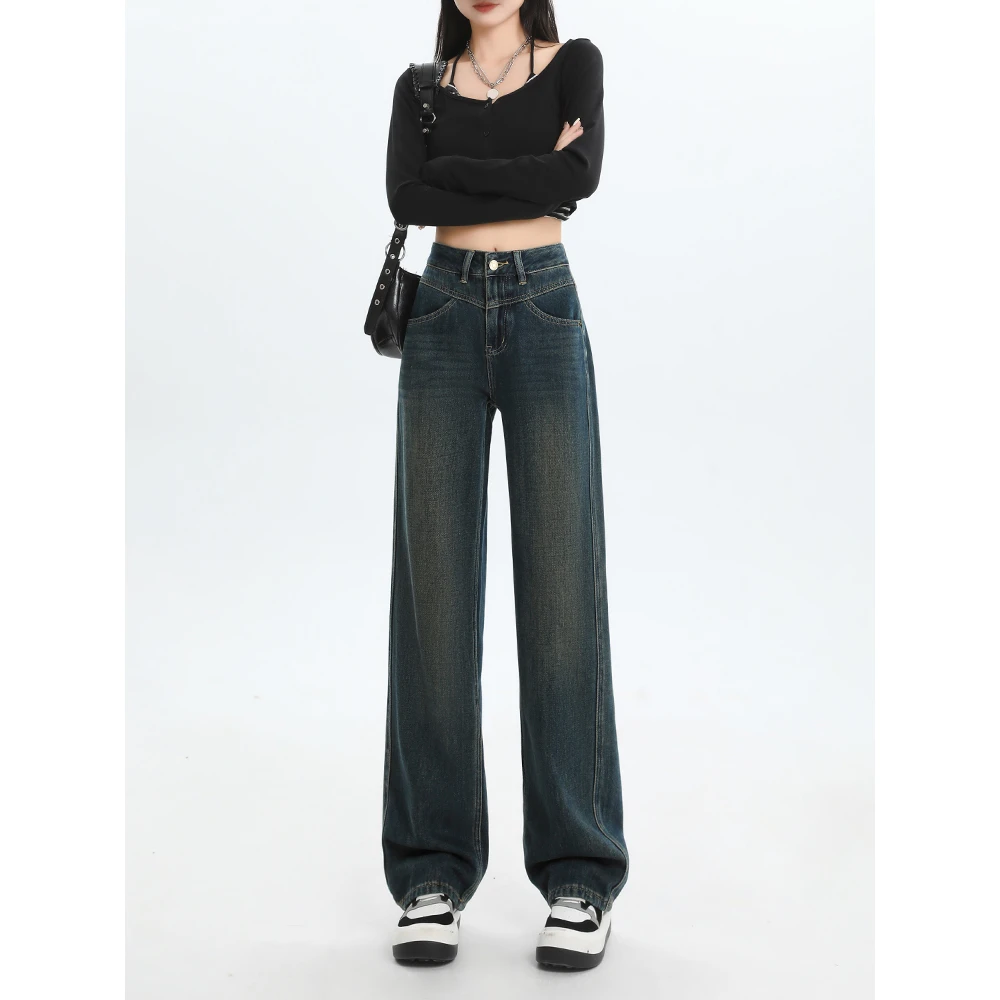 【阔腿裤】薄绒牛仔垂感牛仔裤阔腿裤复古高腰秋季宽松显瘦8287