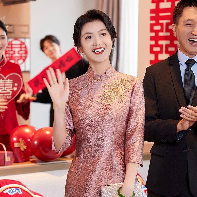 春秋气质改良连衣裙粉色妈妈修身礼服显瘦婚礼妈妈装婚宴礼服1276