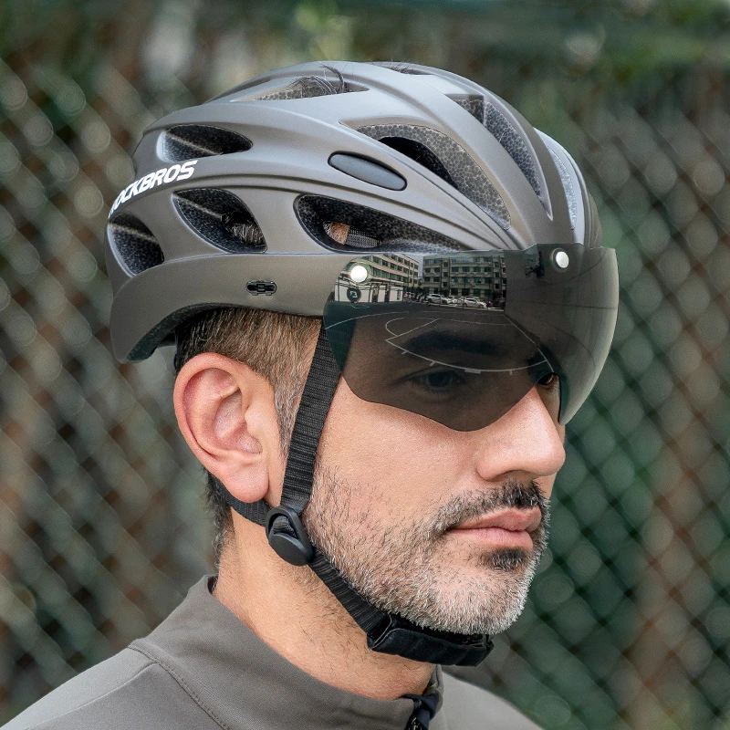 洛克兄弟自行车头盔带风镜一体成型骑行头盔男女山地公路车安全帽