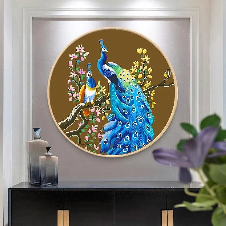 十字绣孔雀情侣简约现代圆形客厅卧室玄关新房结婚送礼物自己线绣