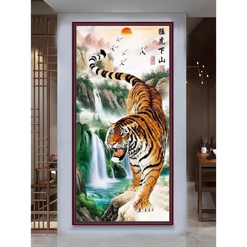 十字绣猛虎下山老虎动物竖版客厅玄关书房办公室自己线绣简单大气