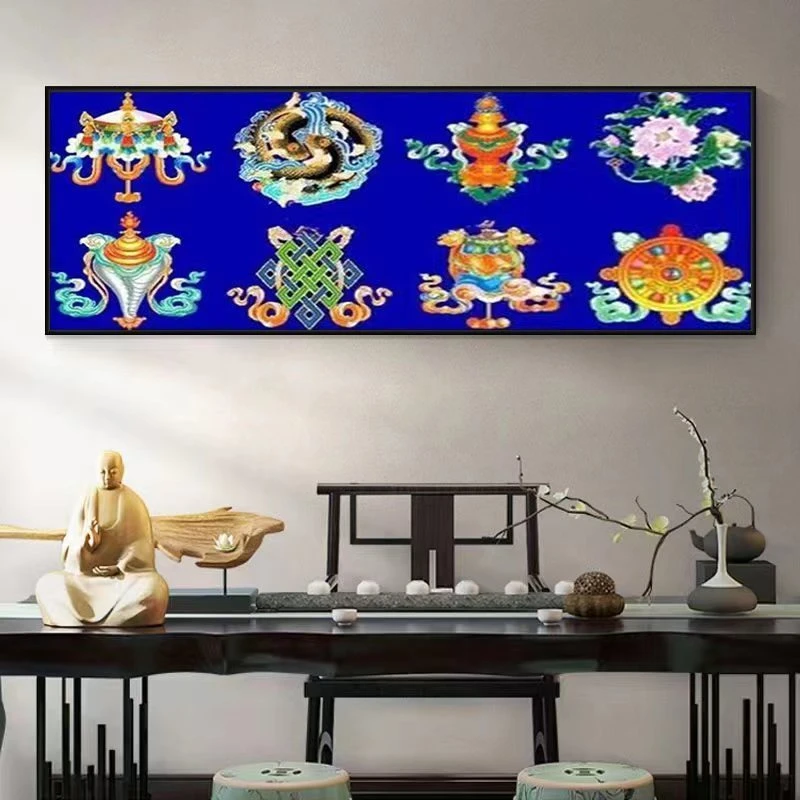 十字绣藏族风吉祥八宝黑色蓝色红色客厅餐厅办公室自己手工线绣
