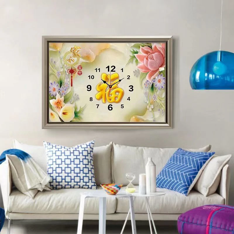 十字绣福字钟表客厅餐厅新款清新简约现代挂钟自己线绣小件挂画