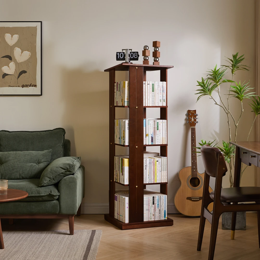 【灵动四层旋转书架】实木旋转书架360度收纳简约置物架落地书柜子