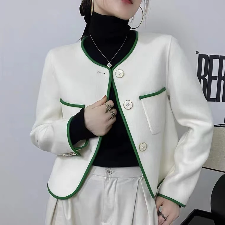 【飞姐姐】2305-1小香风开衫短款时尚女装圆领拼接双面羊毛短外套