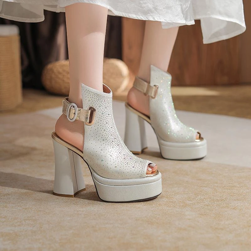 【真皮】12cm女士超高跟鞋粗跟法式绝美鱼嘴凉鞋女夏天配裙子夏季