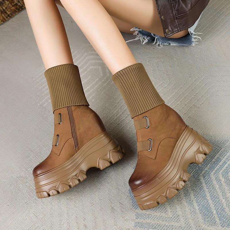 【真皮】弹力靴女2025秋冬新款12cm内增高小个子英伦风厚底短靴时尚