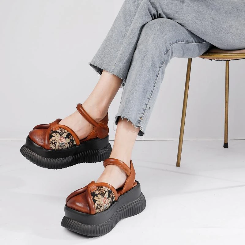 【真皮】民族风厚底鞋女新款原创2025年春夏新款新款棉麻国风一字