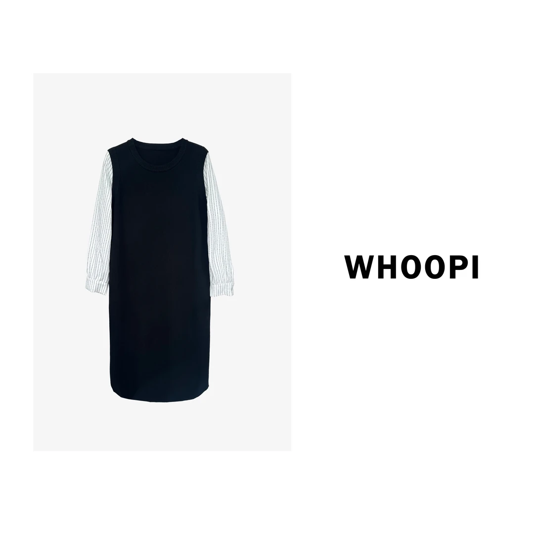 【清】【几何美术馆】设计感假两件衬衫袖针织拼接连衣裙