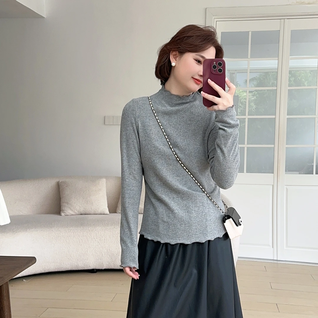 【Whoopi】入冬BI备 毛绒温暖坑条面料打底不规则下摆中领上衣