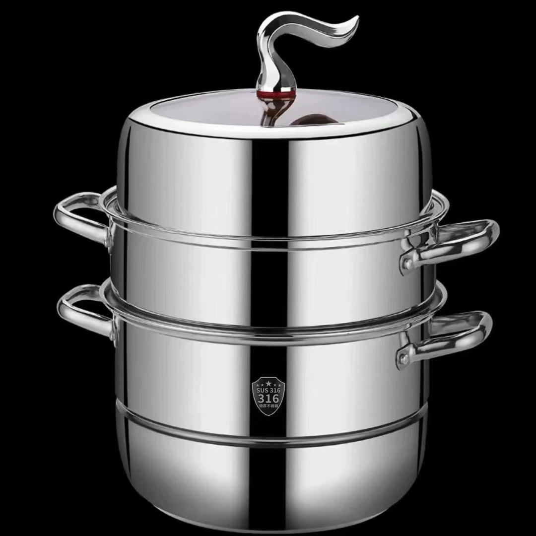 不锈钢亮光蒸锅36cm三层大号加深加厚蒸煮锅大容量上蒸下煮蒸馒头