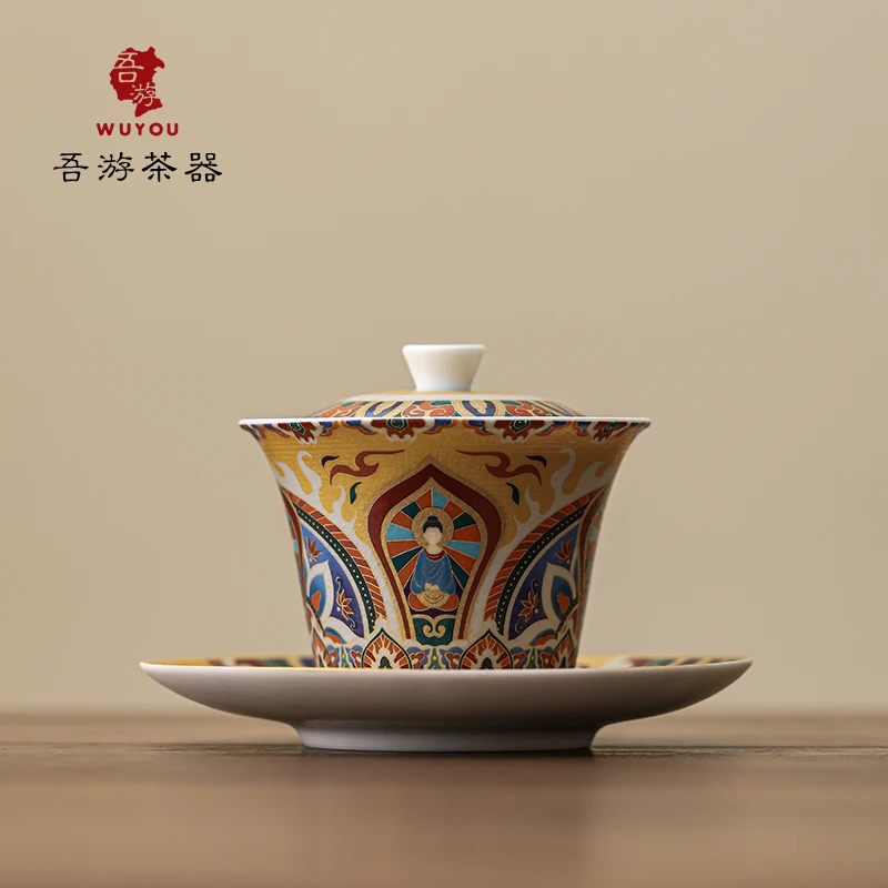 喜嘉茶器然裳堂敦煌壁画盖碗家用陶瓷三才盖碗