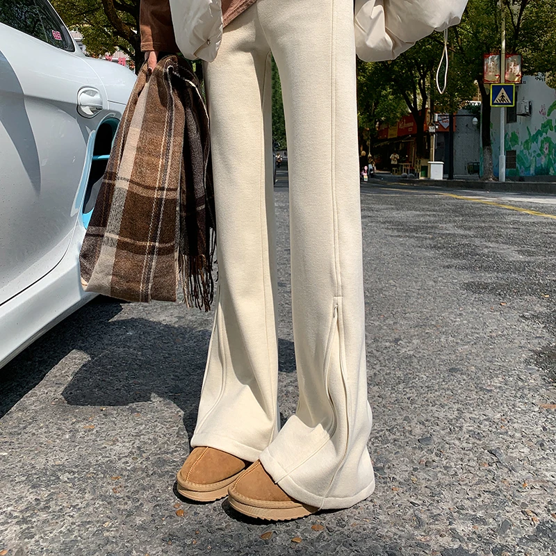 2025秋季简约休闲卫裤窄版高腰垂感拖地马蹄裤微喇裤针织加绒裤子