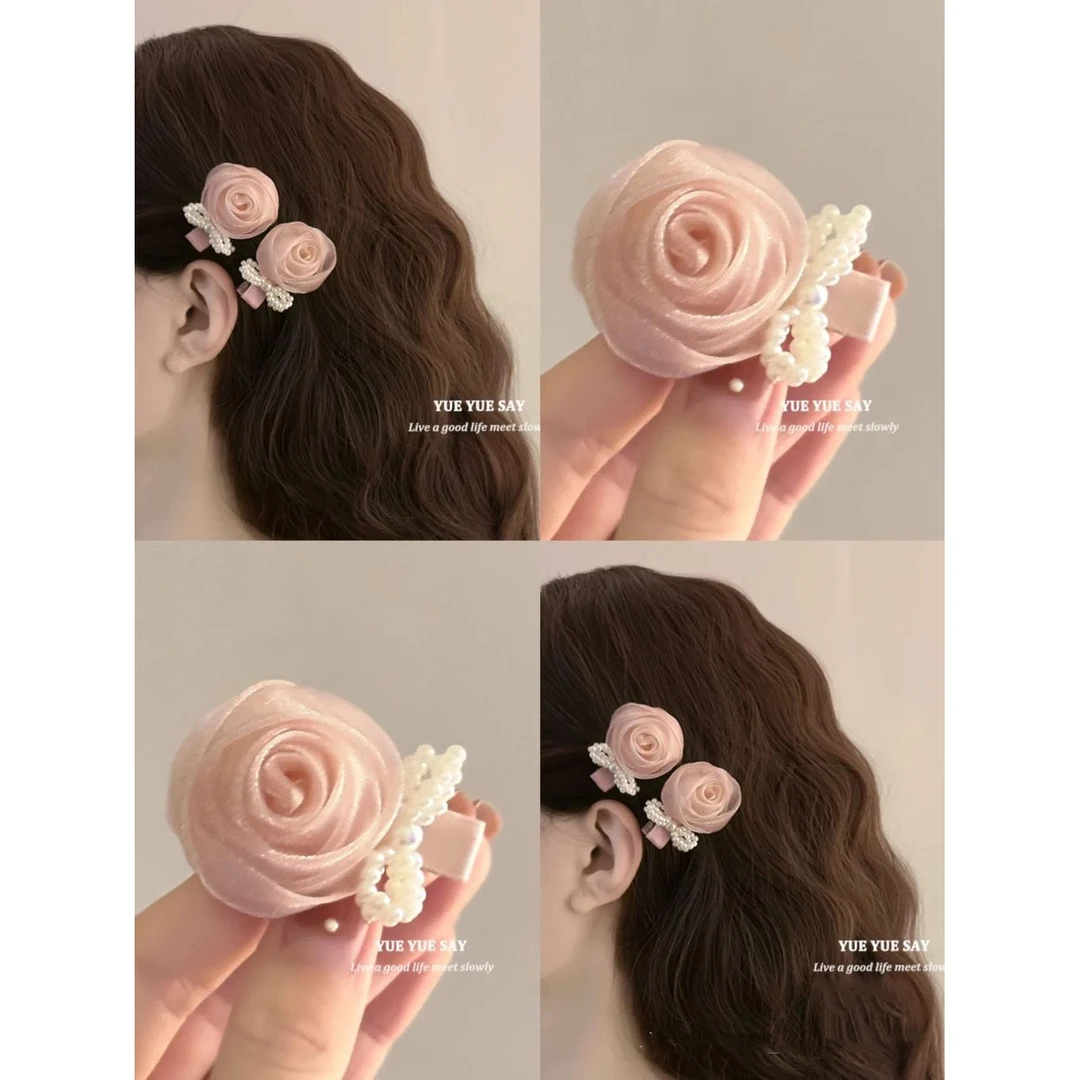 欧根纱玫瑰花发夹高级感侧边边夹森系仙美刘海夹前额碎发夹子头饰