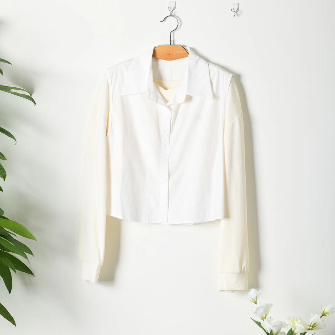 2025春季衬衫卫衣套装宽松拼接撞色杏色长袖休闲轻薄设计师时尚