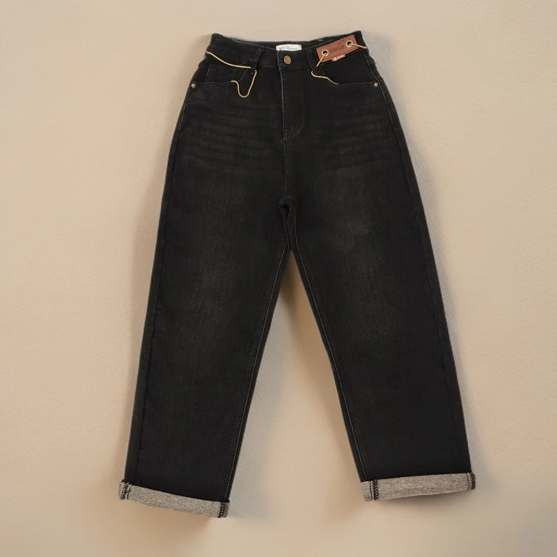 2024冬季新款时尚百搭宽松梨型身材高腰显瘦厚绒保暖牛仔哈伦裤