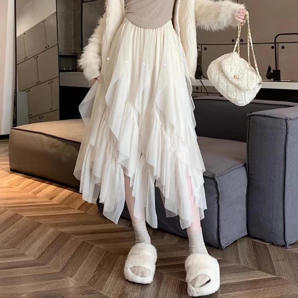 高端网纱半身裙女装夏季不规则珍珠纱裙中长款a字裙时尚洋气有型