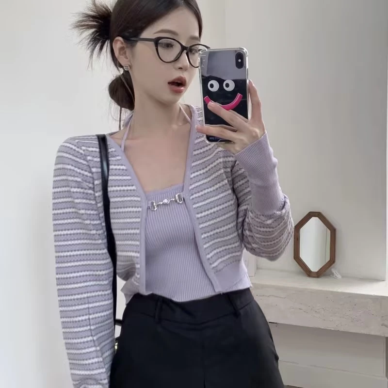 2025辣妹条纹针织开衫女装春季短款毛衣外套修身长袖上衣两件套