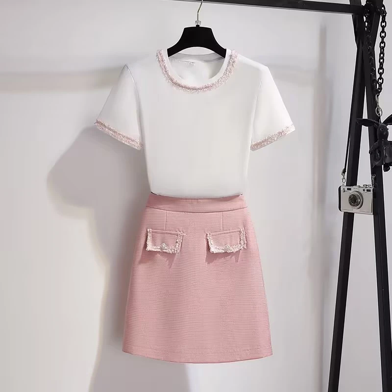 气质名媛粉色小香风套装女夏季2025新款活泼减龄a字半身裙两件套