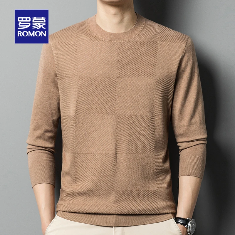 罗蒙春秋季薄款毛衣男士含桑蚕丝圆领含羊毛中青年宽松打底针织衫