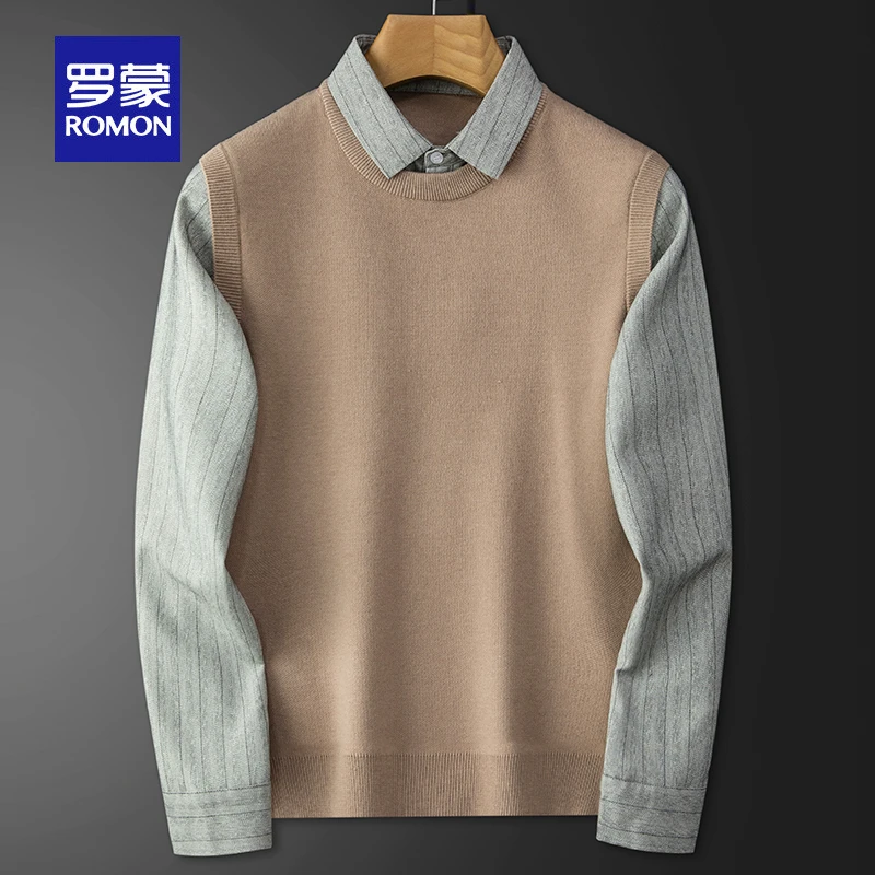 罗蒙假两件毛衣男冬季新款衬衫领加绒加厚休闲保暖男士针织打底衫