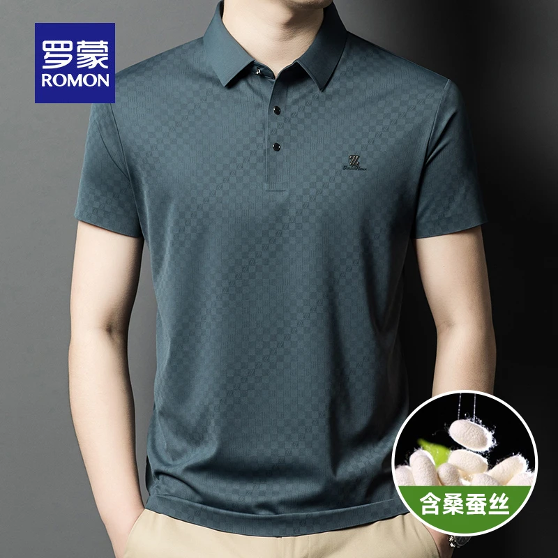 罗蒙高档短袖T恤男士夏季新款休闲冰丝薄款抗皱免烫桑蚕丝POLO衫