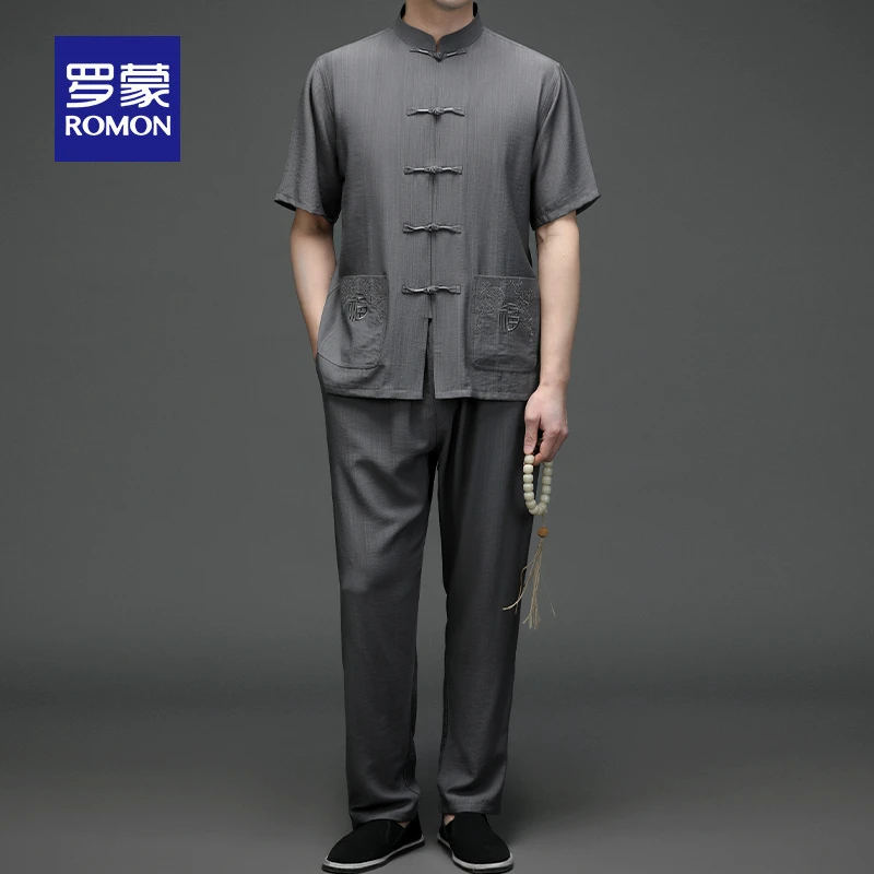罗蒙唐装男士中老年短袖夏季薄款中国风爸爸套装中式立领爷爷装潮