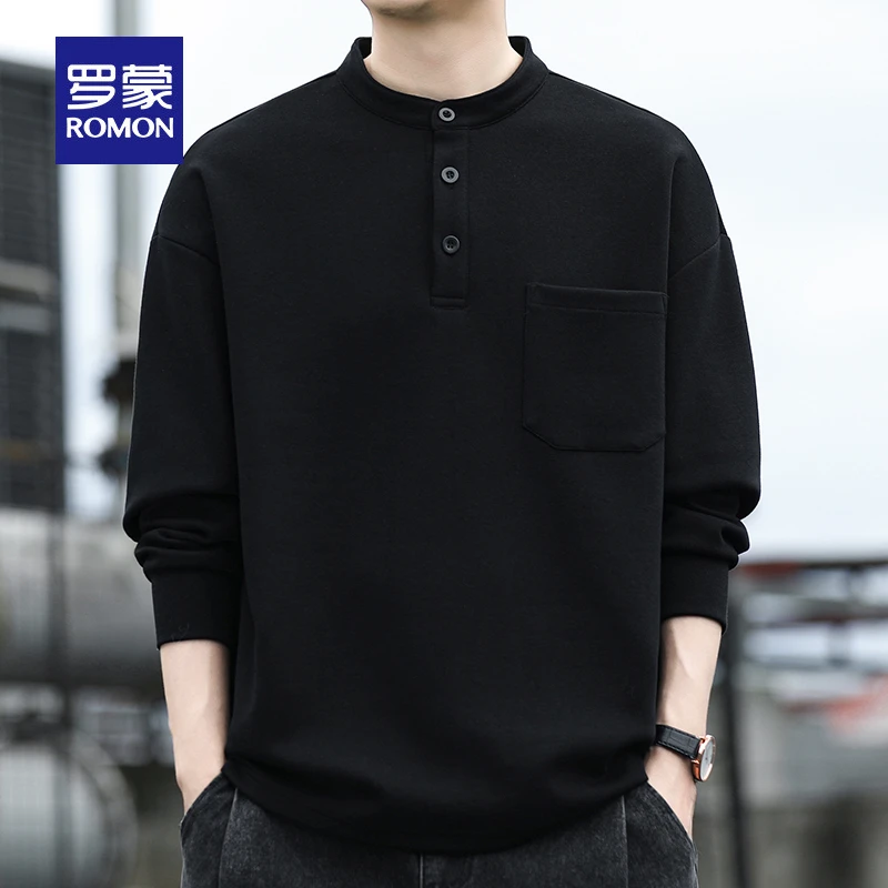 罗蒙春秋季休闲男士宽松t恤圆领纯色长袖卫衣韩版时尚中青年上衣