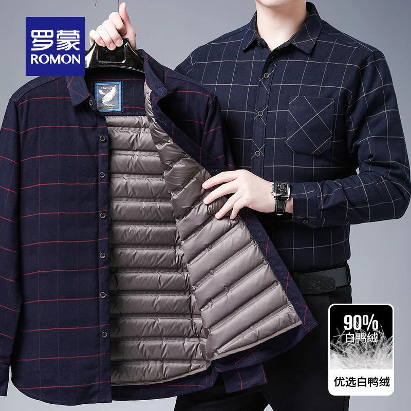 罗蒙冬季保暖羽绒衬衫男士可拆卸内胆加厚格子衬衣中年爸爸装外套