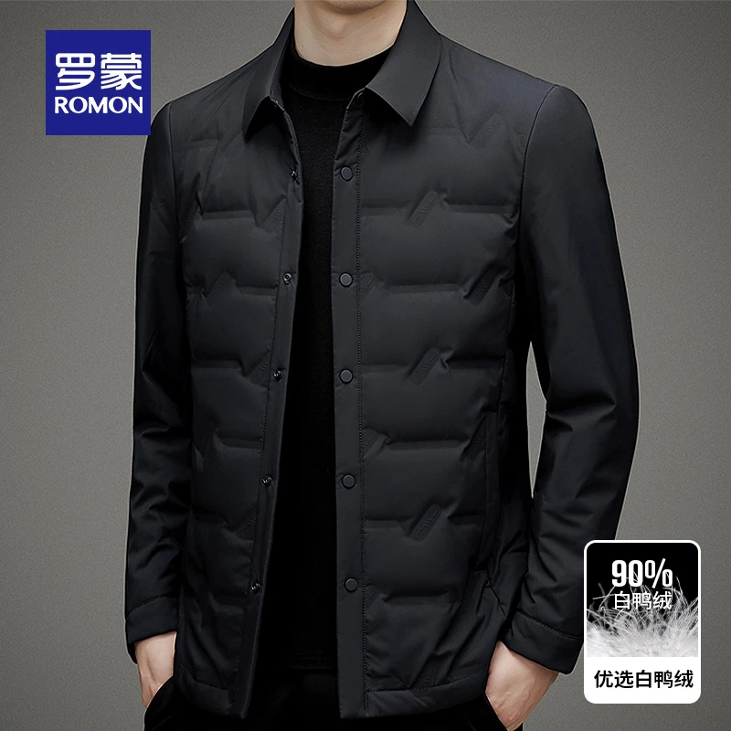 罗蒙男士2023秋冬季款羽绒衬衫轻薄中年爸爸装白鸭绒保暖衬衣外套