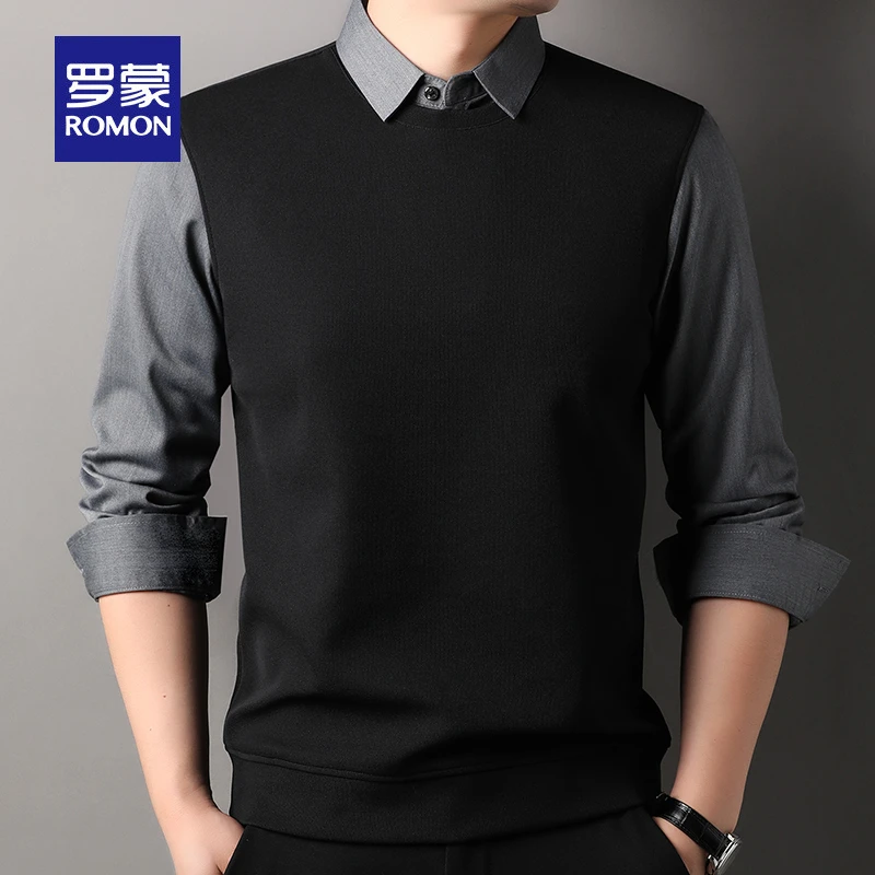 罗蒙衬衫领男士毛衣中年假两件打底衫男春秋季商务含羊毛针织衫潮