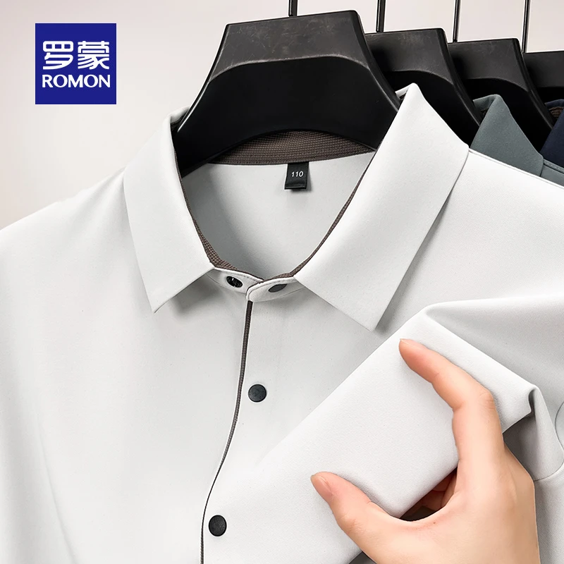 罗蒙新款纯色长袖衬衫男士修身上衣2024春秋季新款商务休闲衬衣男