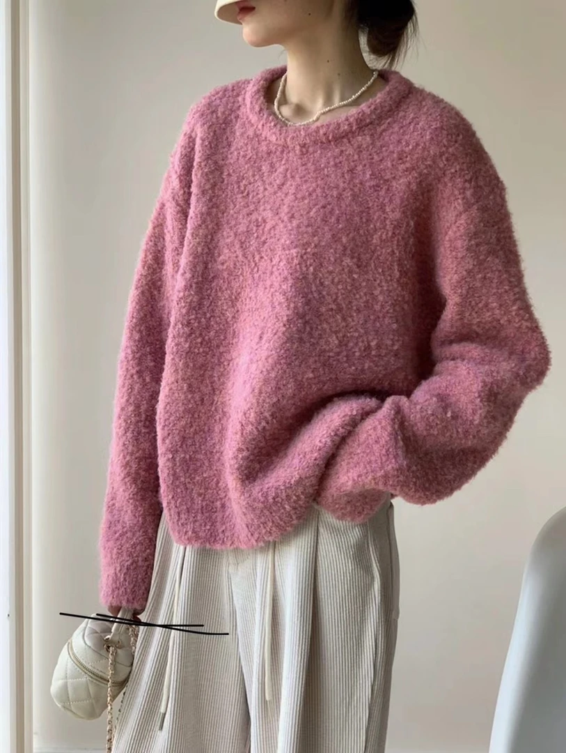 高级质感加厚秋冬圈圈纱圆领套头毛衣毛茸茸慵懒风针纯色织衫女