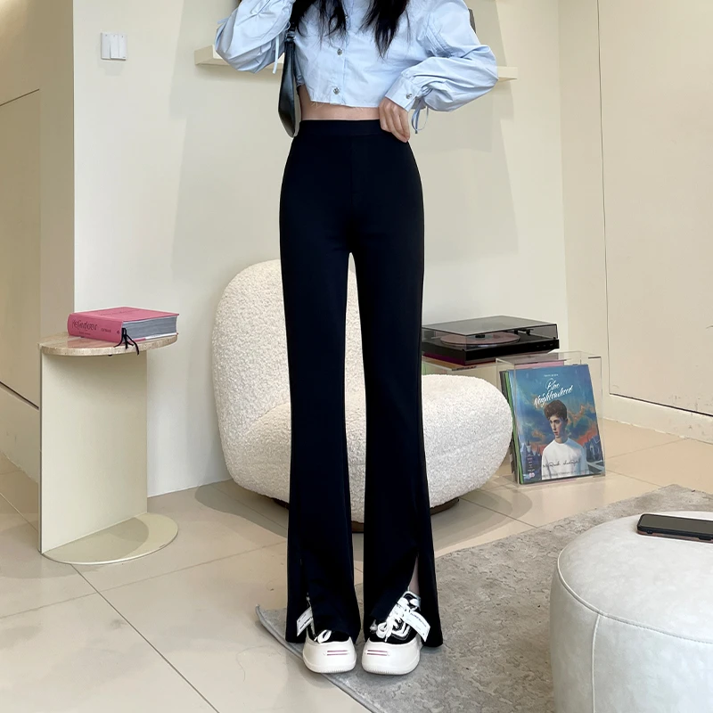 黑色开叉高弹力小个子春秋高腰垂感裤子修身显瘦微喇叭裤女微喇裤