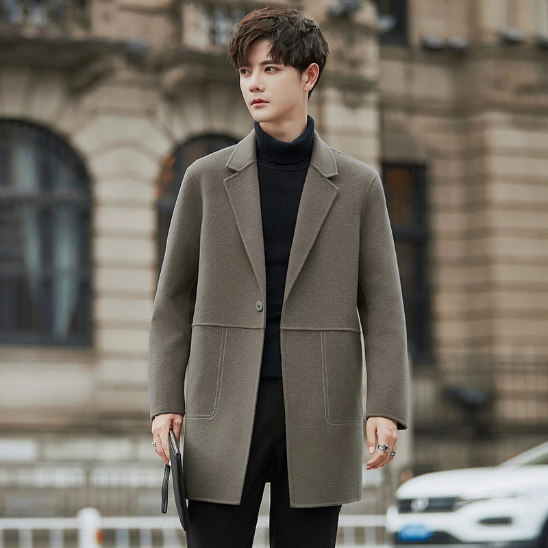 辑明线双面羊绒毛呢外套男士中长款韩版休闲西装领羊毛呢子风衣潮