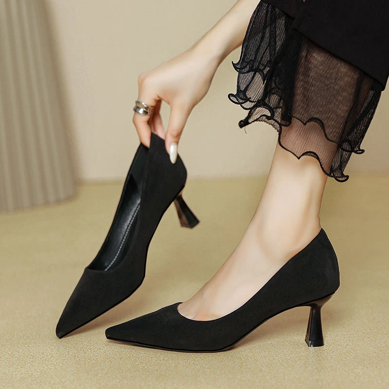 黑色高跟鞋女细跟正装气质职业女鞋2025新款春秋中跟浅口尖头单鞋