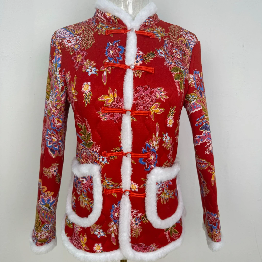 民族风东北花棉袄女装加厚复古盘扣棉服短款棉衣白边