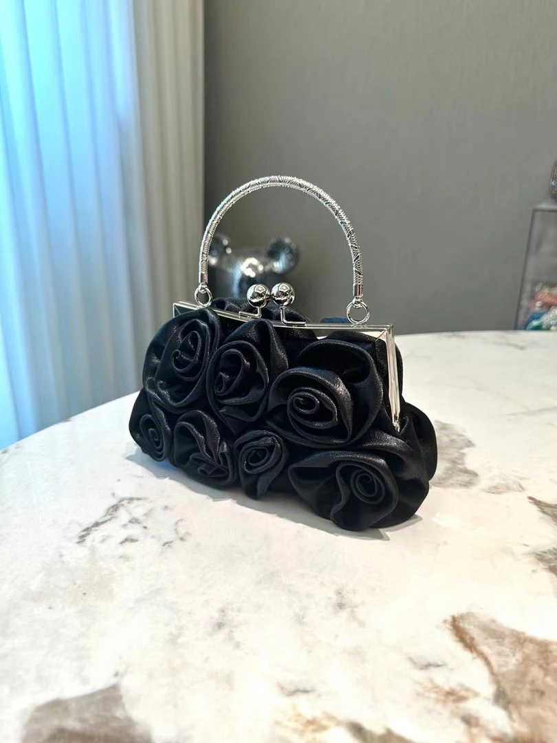 手拿包宴会名媛晚宴包手工花朵黑色