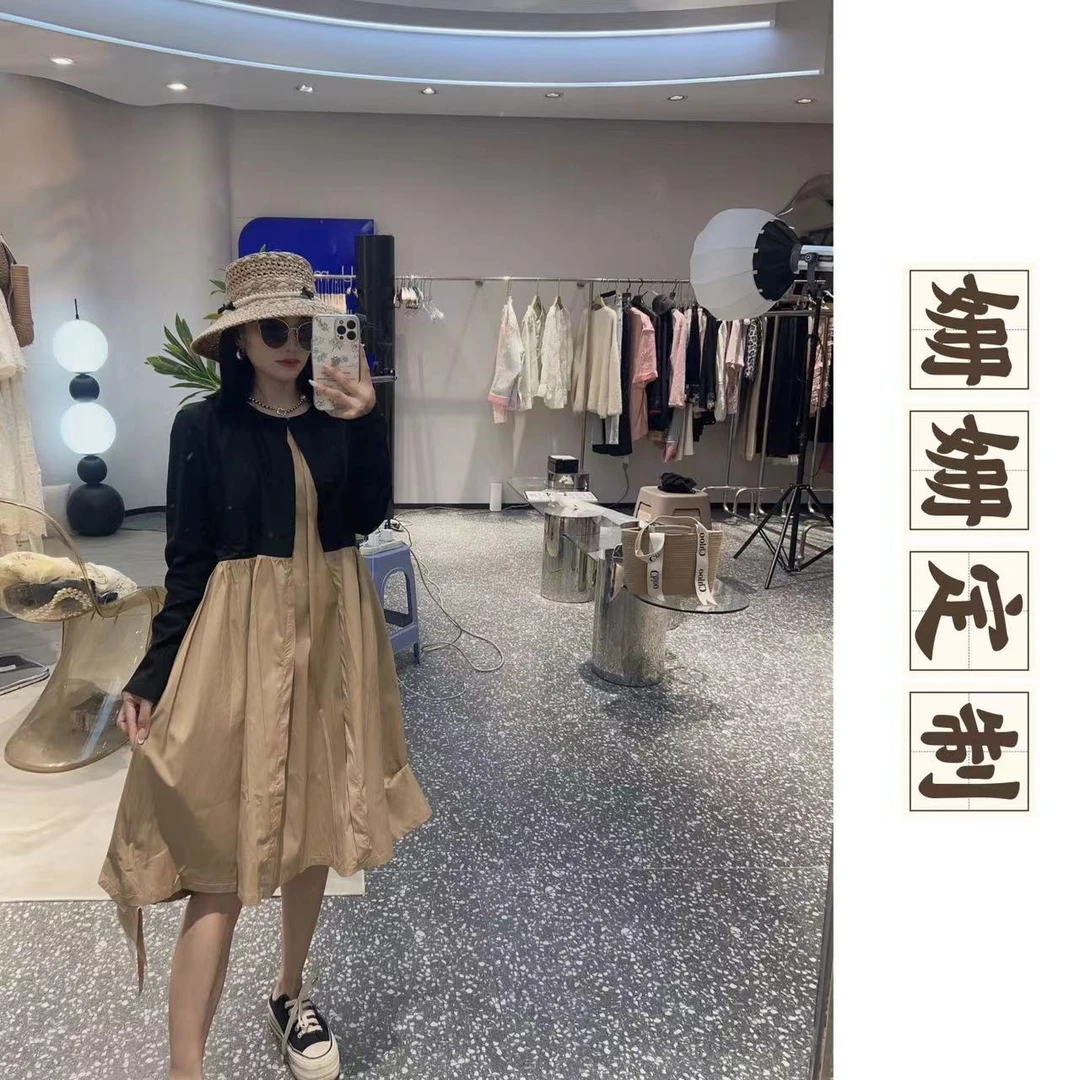 早秋新款韩版宽松遮肉撞色拼接长袖连衣裙2361