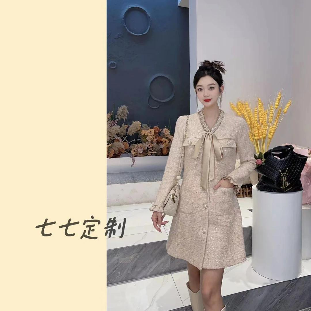 【七七定制】复古气质名媛小香风v领蝴蝶结包臀长袖连衣裙KS391