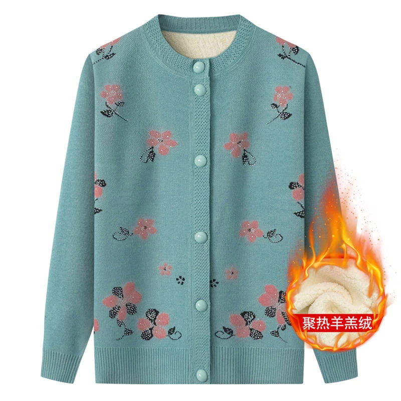 中老年人奶奶毛衣妈妈装加绒加厚针织开衫老太太老人衣服秋冬外套